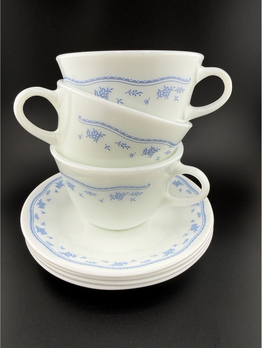 Vintage Corelle Morning Blue Pattern Pyrex Milk Glass 3 Cups + 4 Saucers